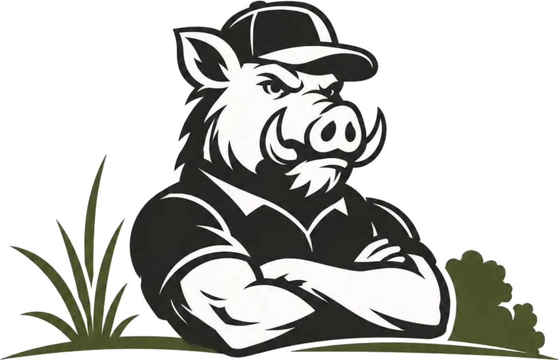 The HogScape hog in his cap, arms crossed, standing in front of grass and a shrub